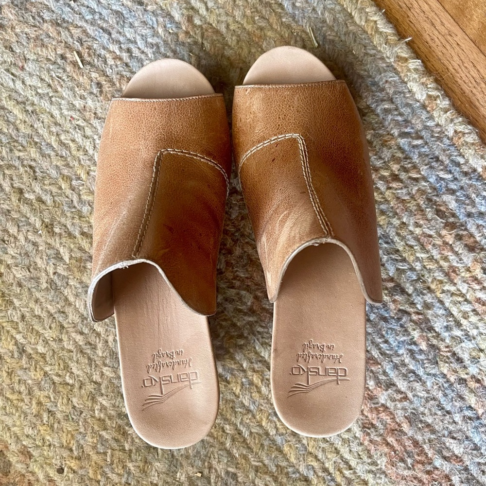 Dansko Cognac Leather Open-Toe Wedge Mules - Picture 2 of 4